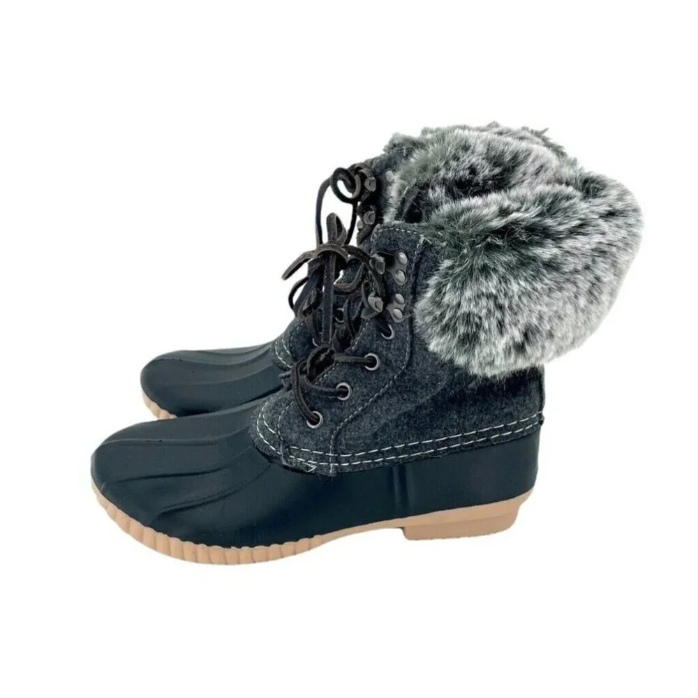 Report Faux Fur Trimmed Tweed Rubber Duck Boots Black Gray SZ 6 NEW